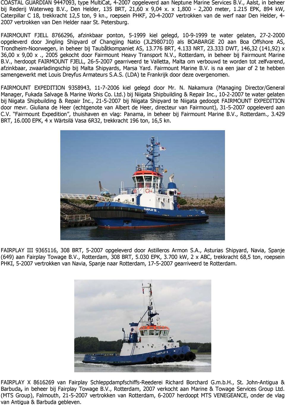 FAIRMOUNT FJELL 8766296, afzinkbaar ponton, 5-1999 kiel gelegd, 10-9-1999 te water gelaten, 27-2-2000 opgeleverd door Jingling Shipyard of Changjing Natio (JLZ980710) als BOABARGE 20 aan Boa Offshore
