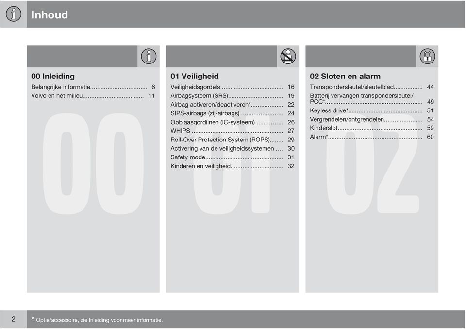 .. 49 SIPS-airbags (zij-airbags)... 24 Keyless drive*... 51 Opblaasgordijnen (IC-systeem)... 26 Vergrendelen/ontgrendelen... 54 WHIPS... 27 Kinderslot.