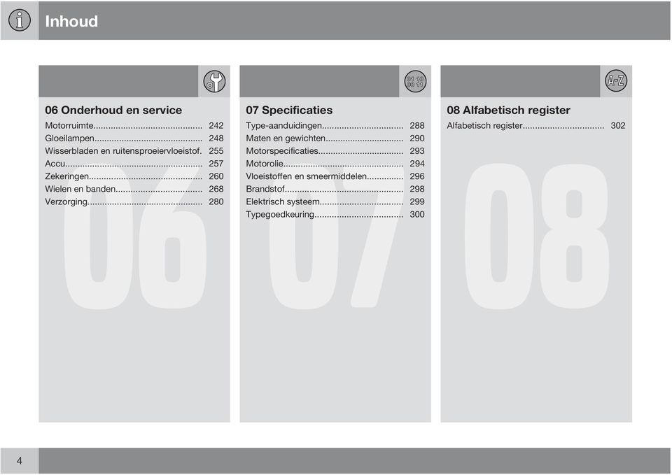 .. 288 Maten en gewichten... 290 Motorspecificaties... 293 Motorolie... 294 Vloeistoffen en smeermiddelen.