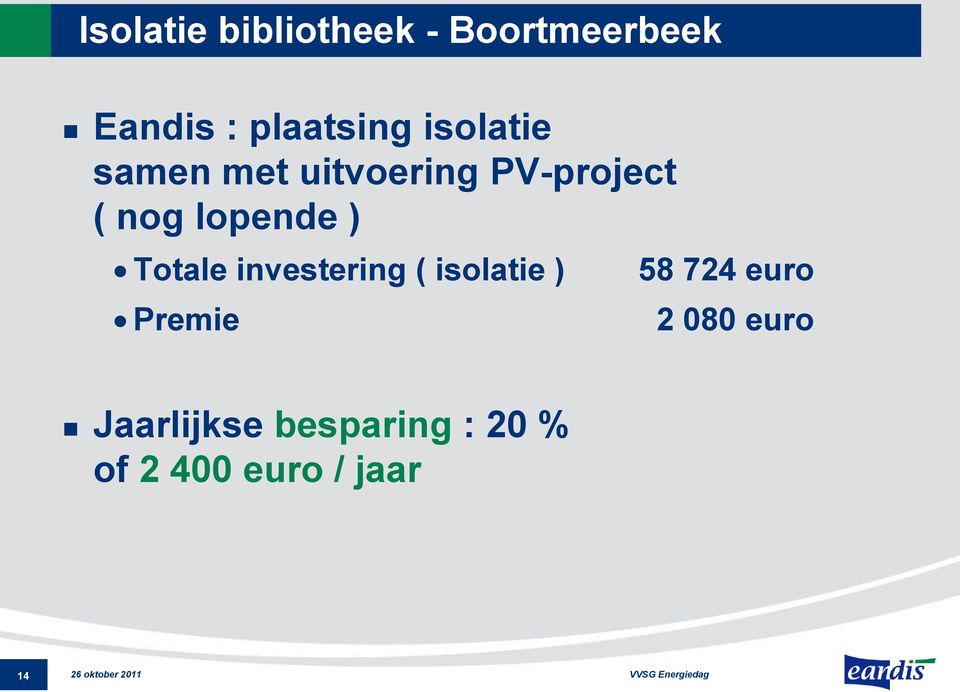 Totale investering ( isolatie ) Premie 58 724 euro 2 080