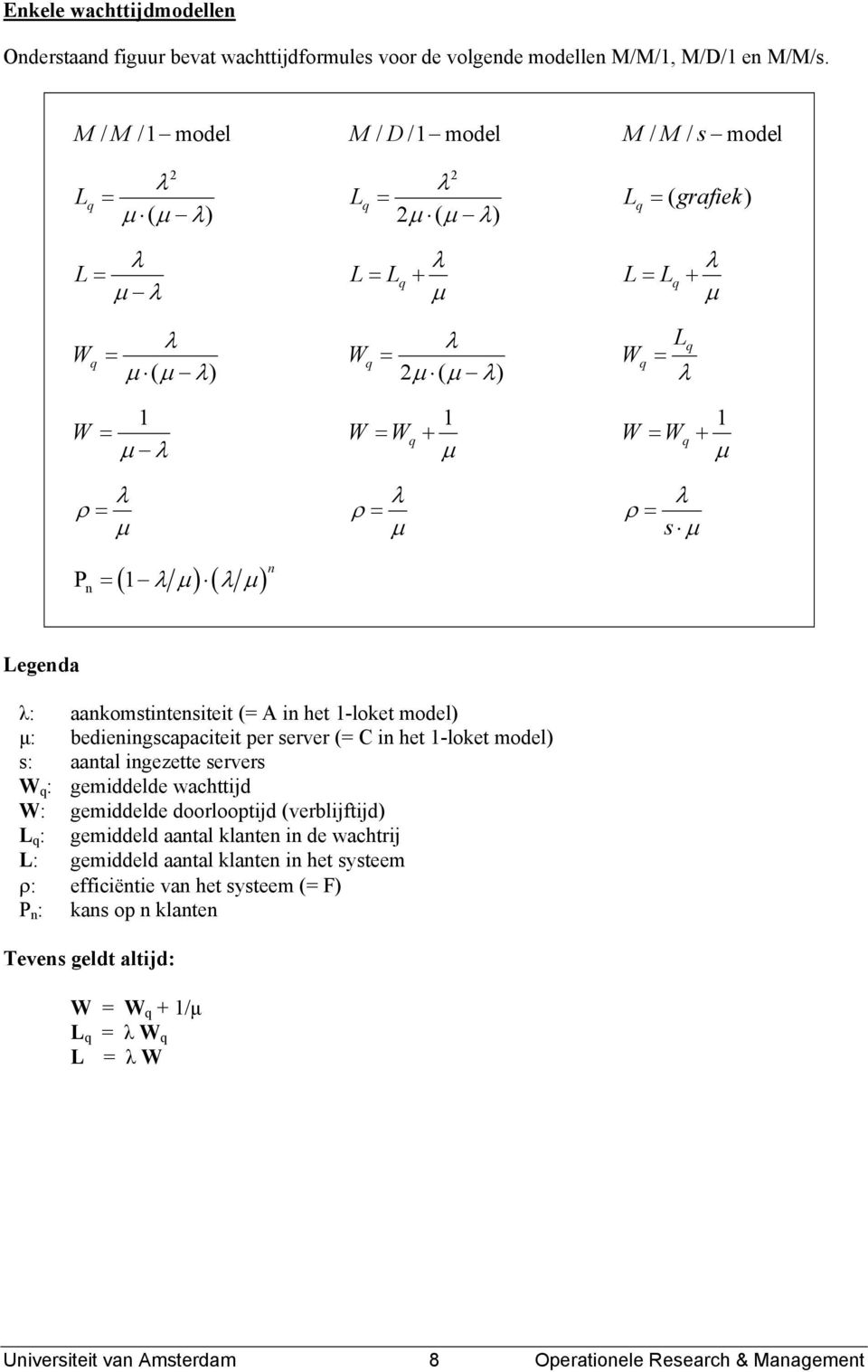 µ µ s µ n ( µ ) ( µ ) P = 1 n Legenda : aankomstintensiteit (= A in het 1-loket model) µ: bedieningscapaciteit per server (= C in het 1-loket model) s: aantal ingezette servers W q : gemiddelde