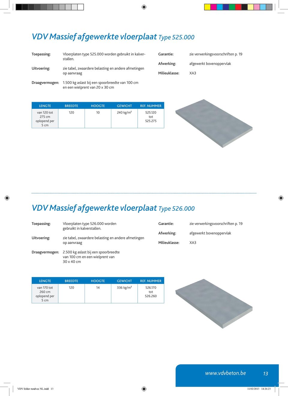 19 Afwerking: afgewerkt bovenoppervlak Milieuklasse: XA3 van 120 tot 275 cm oplopend per 5 cm 120 10 240 kg/m² 525.120 tot 525.275 VDV Massief afgewerkte vloerplaat Type 526.