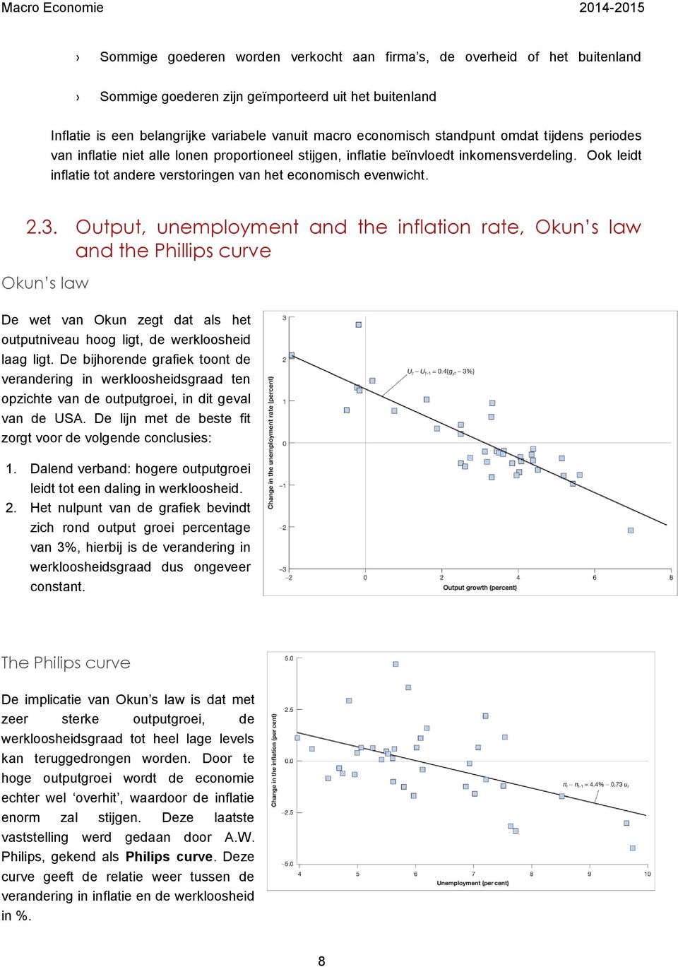 3. Output, unemployment and the inflation rate, Okun s law and the Phillips curve Okun s law De wet van Okun zegt dat als het outputniveau hoog ligt, de werkloosheid laag ligt.