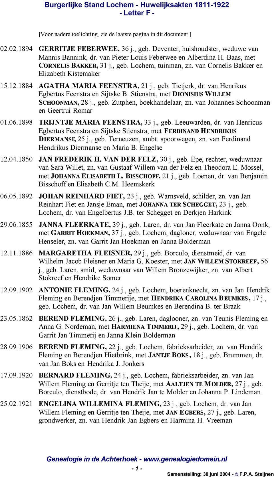 van Henrikus Egbertus Feenstra en Sijtske B. Stienstra, met DIONISIUS WILLEM SCHOONMAN, 28 j., geb. Zutphen, boekhandelaar, zn. van Johannes Schoonman en Geertrui Romar 01.06.