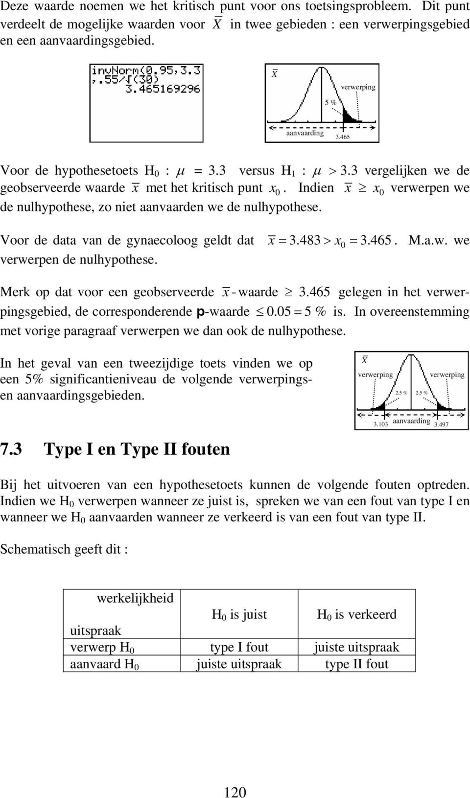 Indien x x0 verwerpen we de nulhypothese, zo niet aanvaarden we de nulhypothese. Voor de data van de gynaecoloog geldt dat x = 3.483 > x0 = 3.465. M.a.w. we verwerpen de nulhypothese.