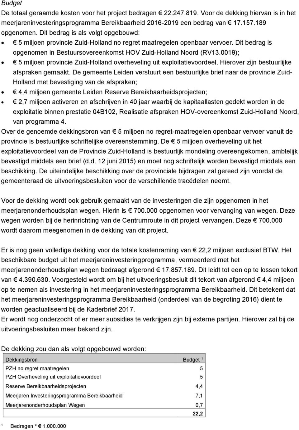 0019); 5 miljoen provincie Zuid-Holland overheveling uit exploitatievoordeel. Hierover zijn bestuurlijke afspraken gemaakt.