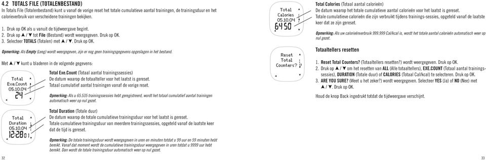 Met / kunt u bladeren in de volgende gegevens: Total Exe.Count (Totaal aantal trainingssessies) De datum waarop de totaalteller voor het laatst is gereset.