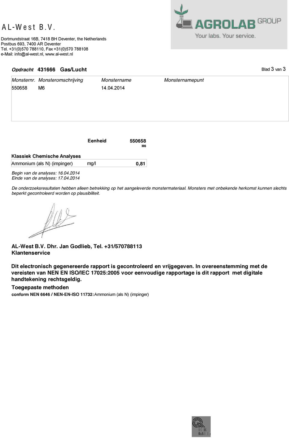 2014 Klassiek Chemische Analyses Ammonium (als N) (impinger) Begin van de analyses: 16.04.