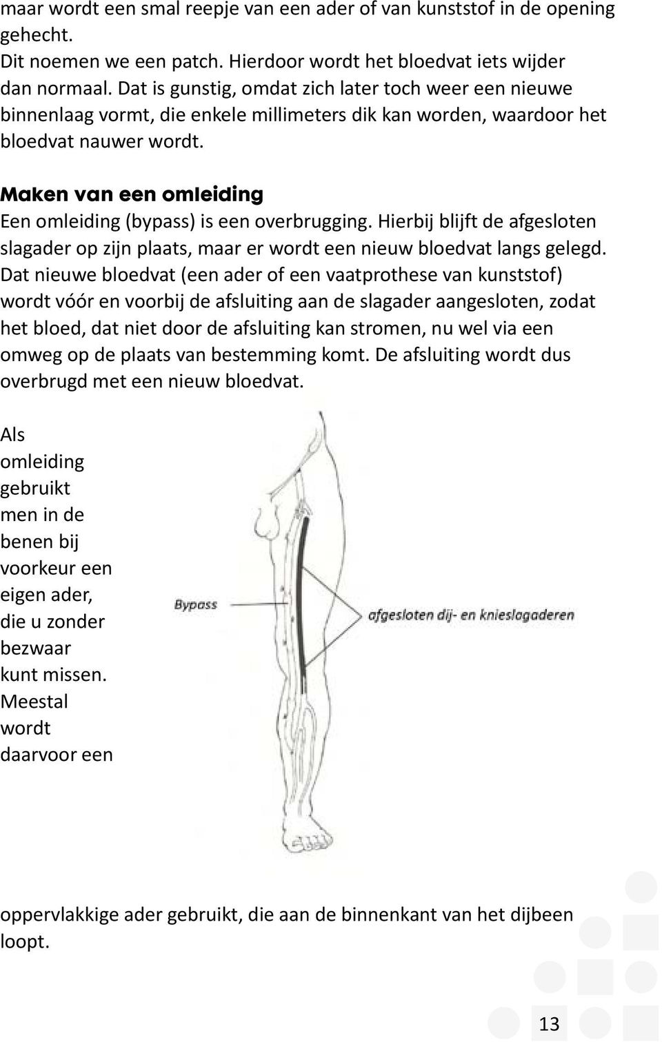 Maken van een omleiding Een omleiding (bypass) is een overbrugging. Hierbij blijft de afgesloten slagader op zijn plaats, maar er wordt een nieuw bloedvat langs gelegd.