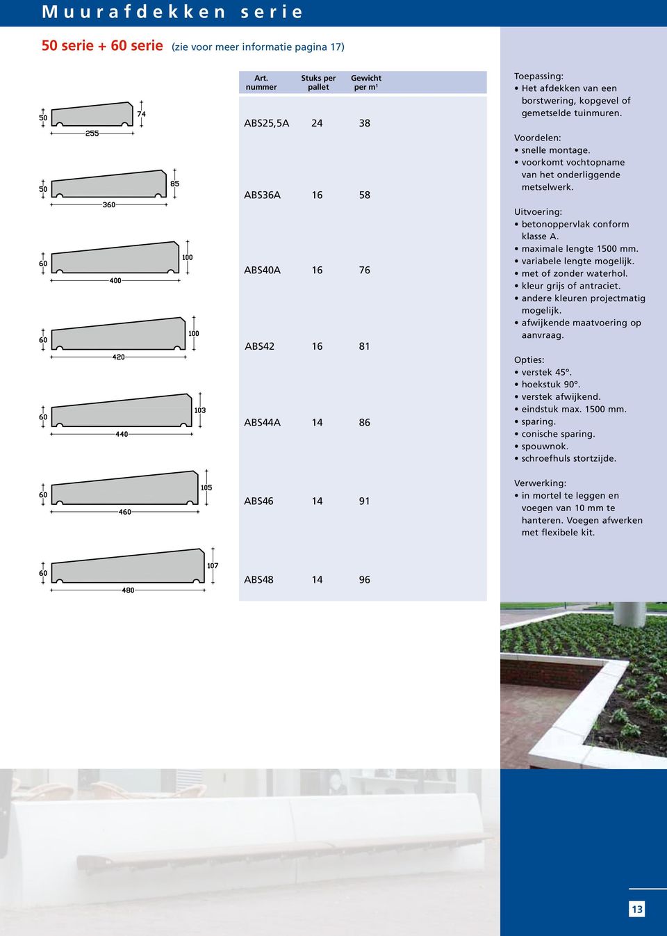 voorkomt vochtopname van het onderliggende metselwerk. Uitvoering: betonoppervlak conform klasse A. maximale lengte 1500 mm. variabele lengte mogelijk. met of zonder waterhol.