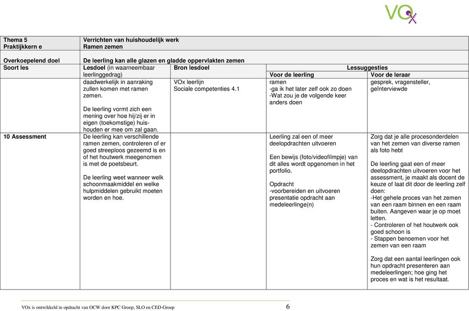 10 Assessment De leerling kan verschillende ramen zemen, controleren of er goed streeploos gezeemd is en of het houtwerk meegenomen is met de poetsbeurt.