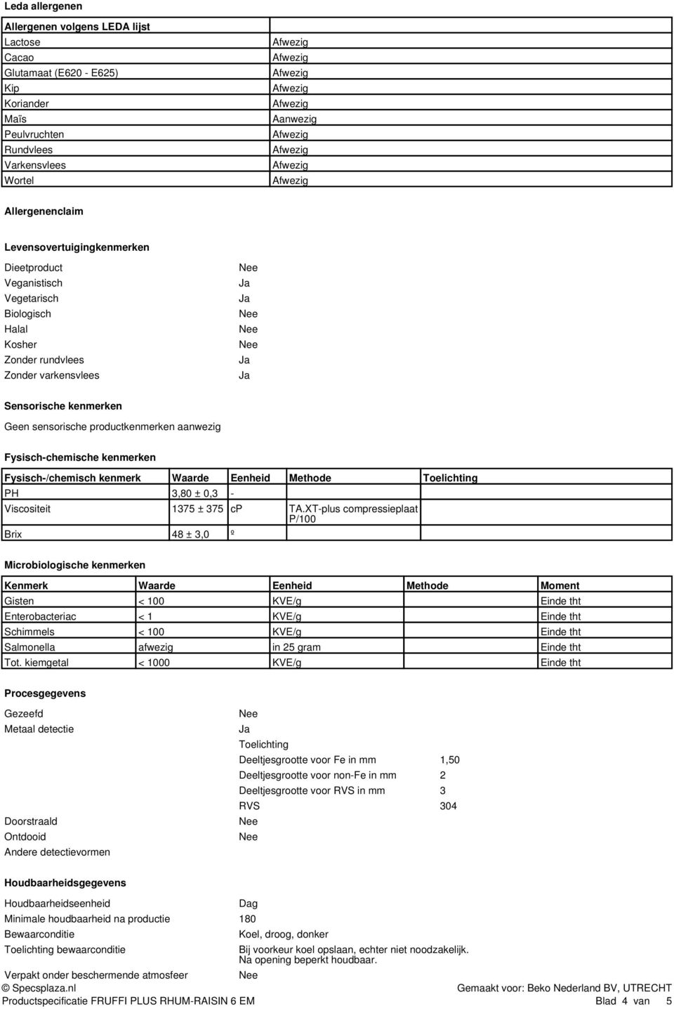 Fysisch-/chemisch kenmerk Waarde Eenheid Methode Toelichting PH 3,80 ± 0,3 - Viscositeit 1375 ± 375 cp TA.