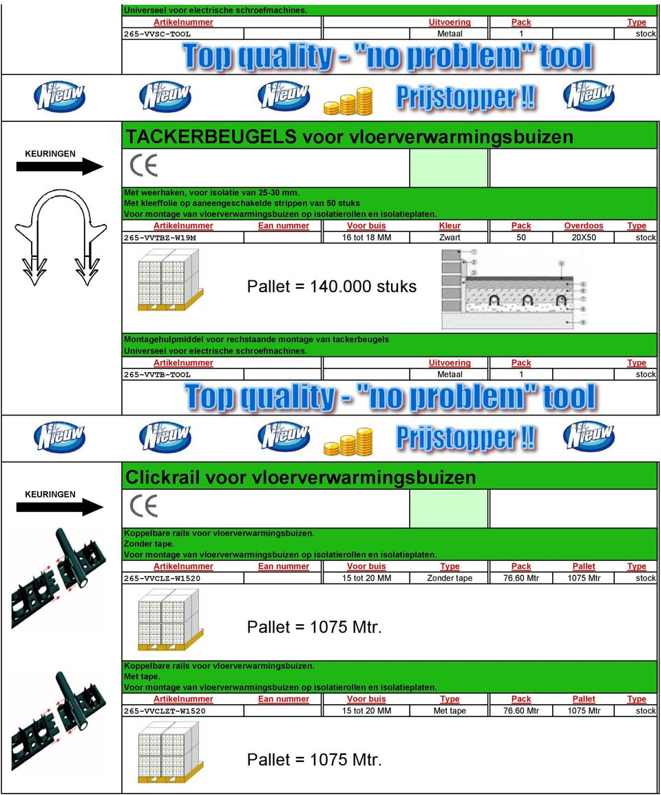 Artikelnummer Ean nummer Voor buis Kleur Pack Overdoos Type 265-VVTBZ-W19M 16 tot 18 MM Zwart 50 20X50 stock Pallet = 140.