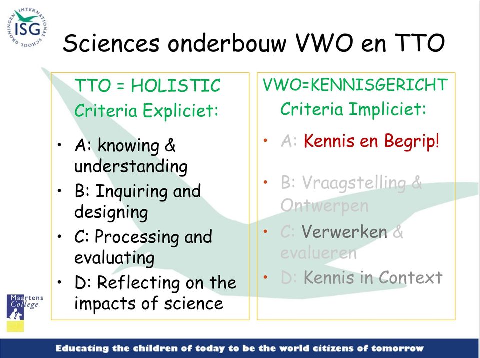 Reflecting on the impacts of science VWO=KENNISGERICHT Criteria Impliciet: A: