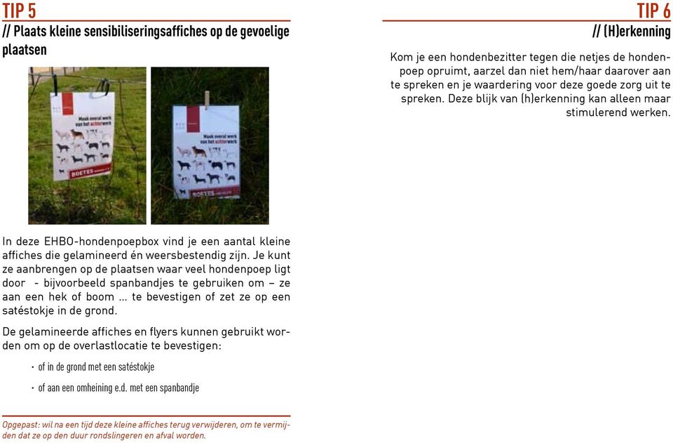 In deze EHBO-hondenpoepbox vind je een aantal kleine affiches die gelamineerd én weersbestendig zijn.