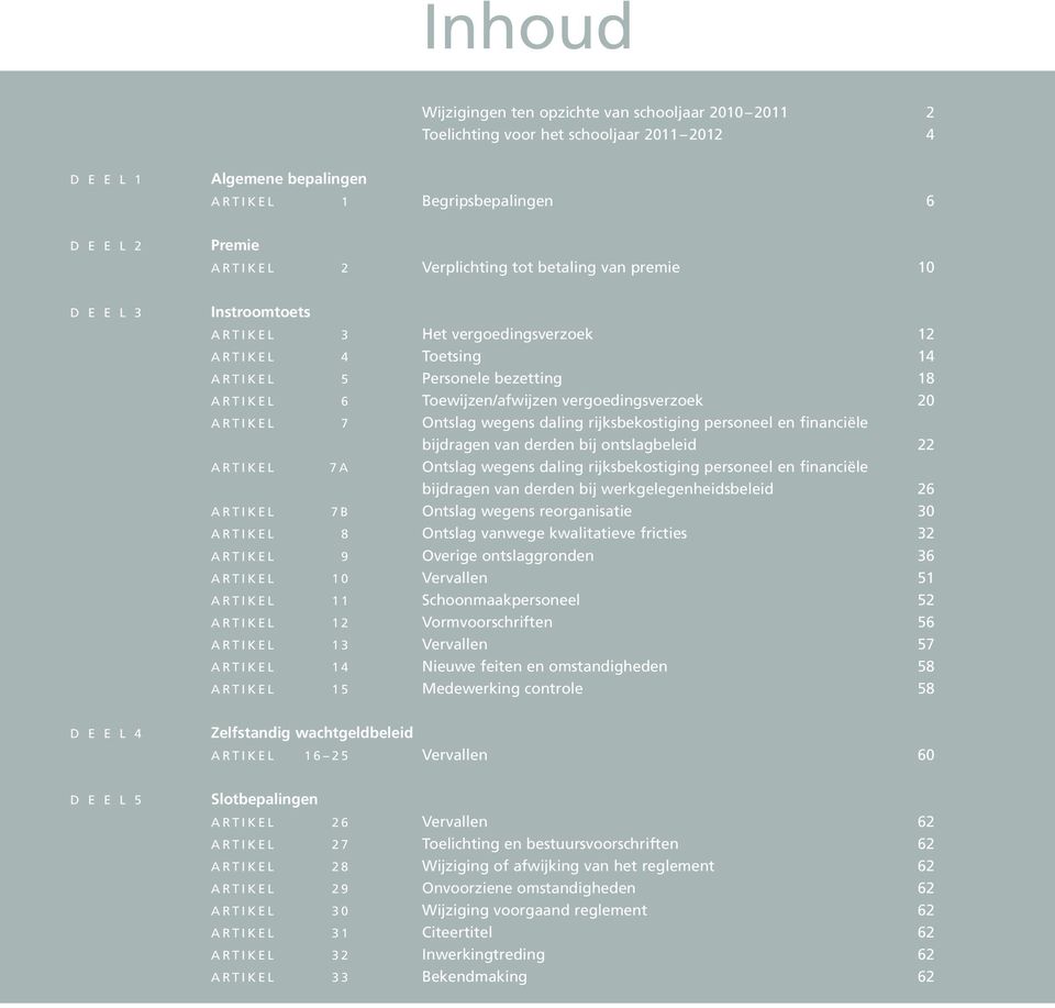 vergoedingsverzoek 20 ARTIKEL 7 Ontslag wegens daling rijksbekostiging personeel en financiële bijdragen van derden bij ontslagbeleid 22 ARTIKEL 7a Ontslag wegens daling rijksbekostiging personeel en