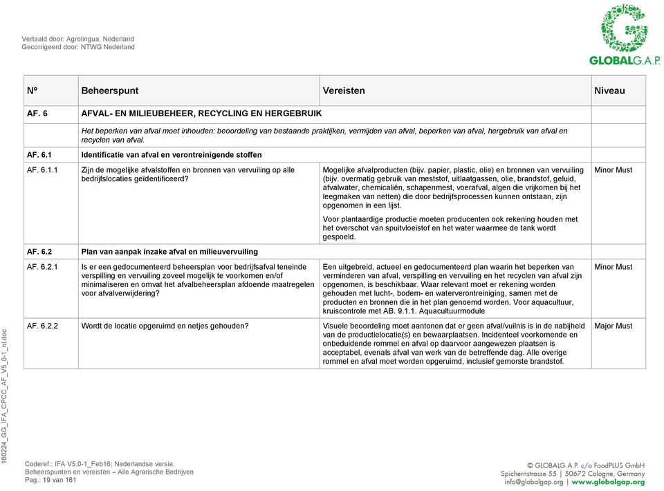 van afval. AF. 6.1 Identificatie van afval en verontreinigende stoffen AF. 6.1.1 Zijn de mogelijke afvalstoffen en bronnen van vervuiling op alle bedrijfslocaties geïdentificeerd?