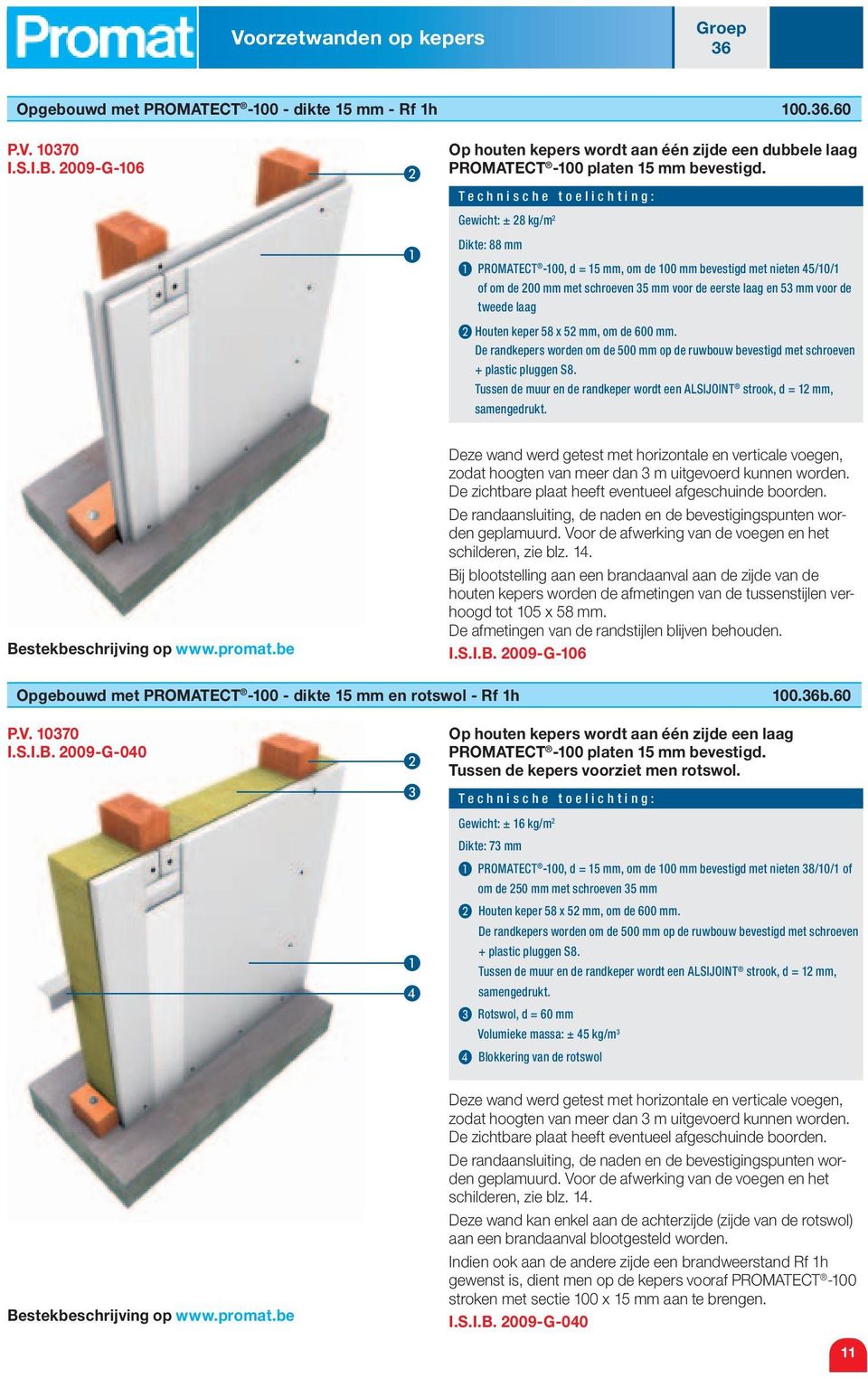 Gewicht: ± 28 kg/m 2 Dikte: 88 mm P R O M AT E C T -100, d = 15 mm, om de 100 mm bevestigd met nieten 45/10/1 of om de 200 mm met schroeven 35 mm voor de eerste laag en 53 mm voor de tweede laag