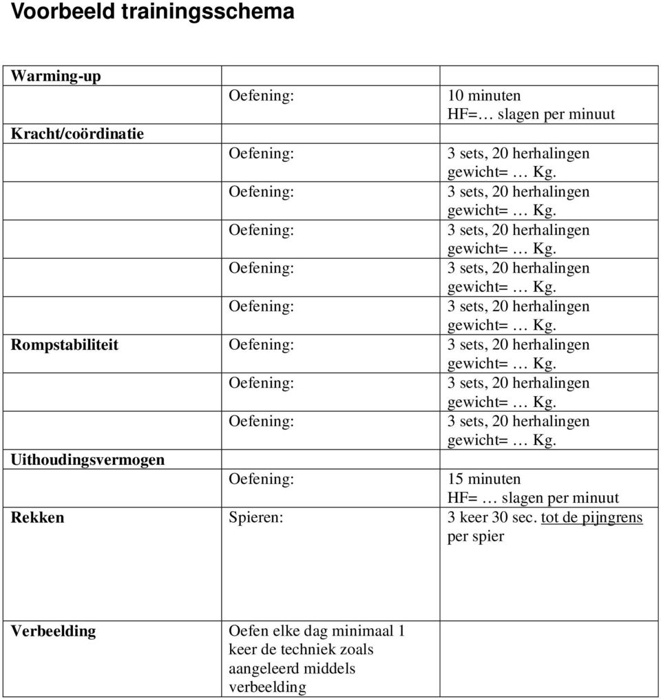 Oefening: 3 sets, 20 herhalingen gewicht= Kg. Oefening: 3 sets, 20 herhalingen gewicht= Kg.