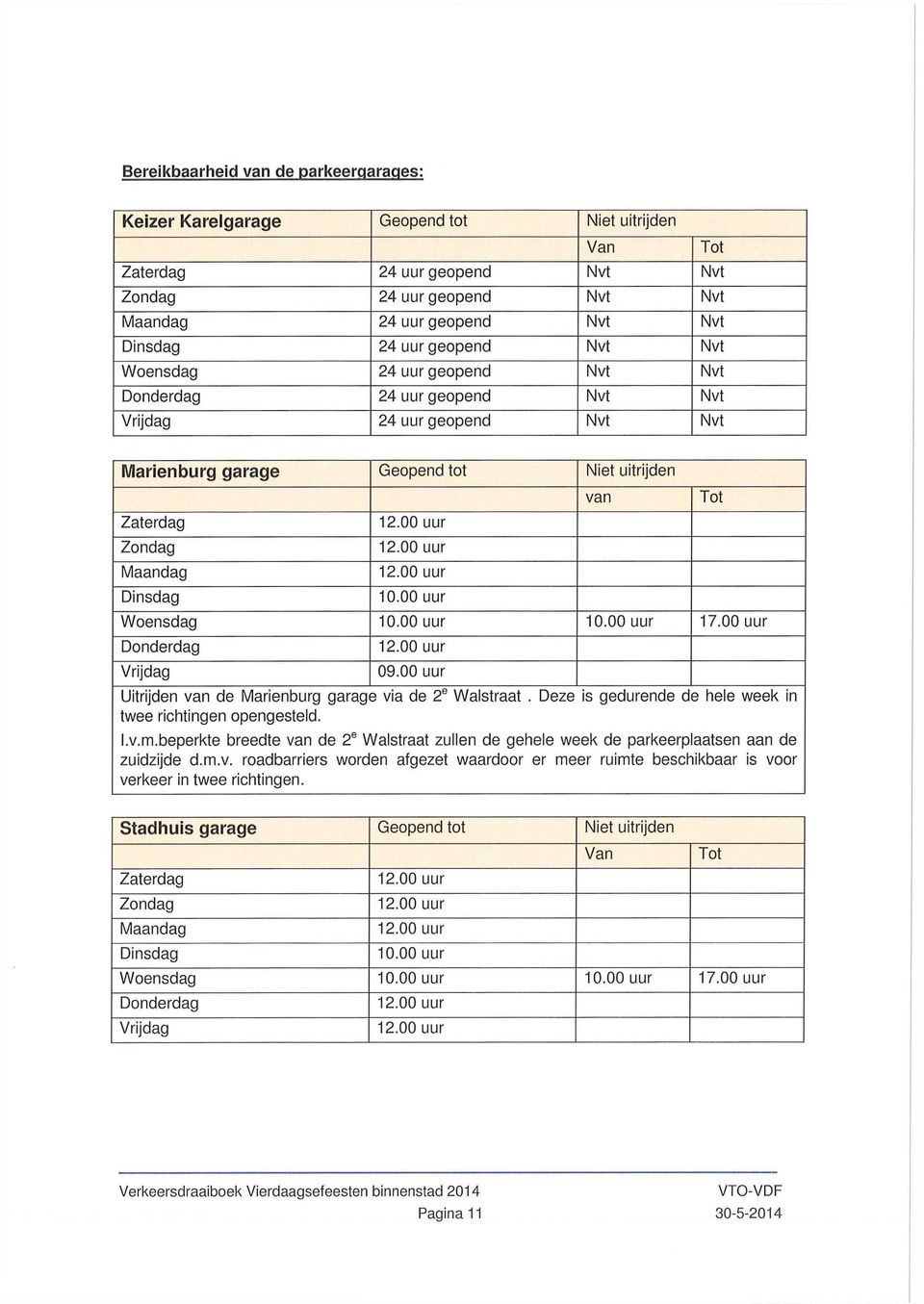 00 uur Woensdag 10.00 uur 10.00 uur 17.00 uur Donderdag Vrijdag 09.00 uur Uitrijden van de Marienburg garage via de 2*" Walstraat. Deze is gedurende de liele week in twee richtingen opengesteld. I.v.m.