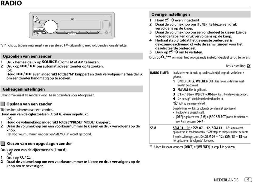 Geheugeninstellingen U kunt maximaal 18 zenders voor FM en 6 zenders voor AM opslaan. Opslaan van een zender Tijdens het luisteren naar een zender.