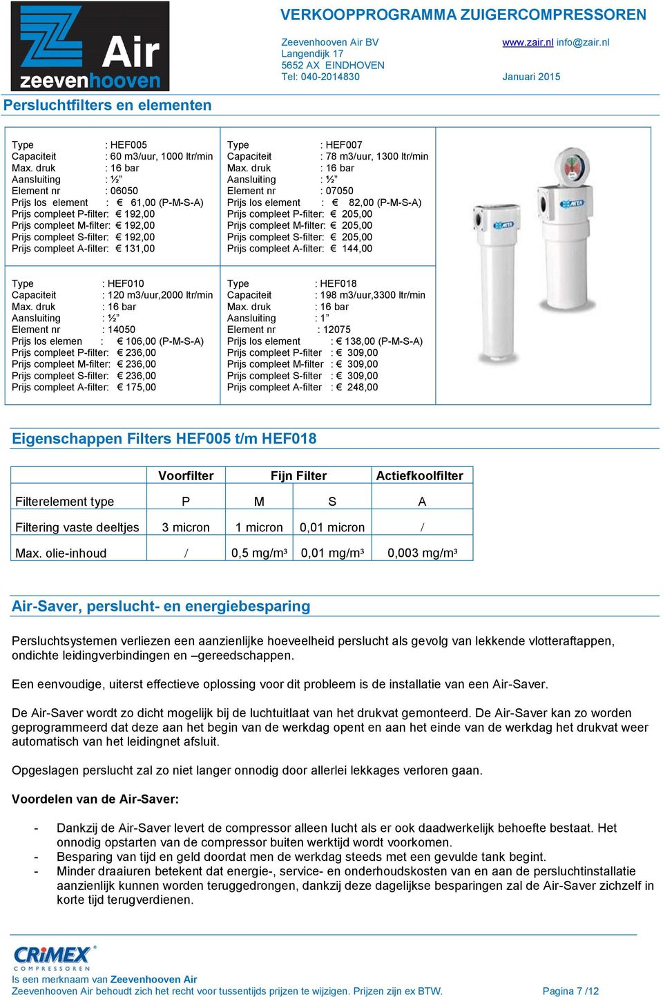 A-filter: 131,00 Type : HEF007 Capaciteit : 78 m3/uur, 1300 ltr/min Max.
