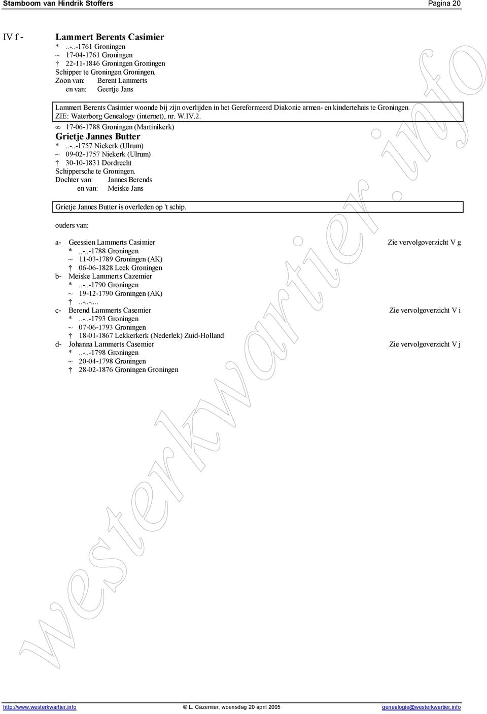 ZIE: Waterborg Genealogy (internet), nr. W.IV.2. 17-06-1788 Groningen (Martinikerk) Grietje Jannes Butter *..-..-1757 Niekerk (Ulrum) ~ 09-02-1757 Niekerk (Ulrum) 30-10-1831 Dordrecht Schippersche te Groningen.