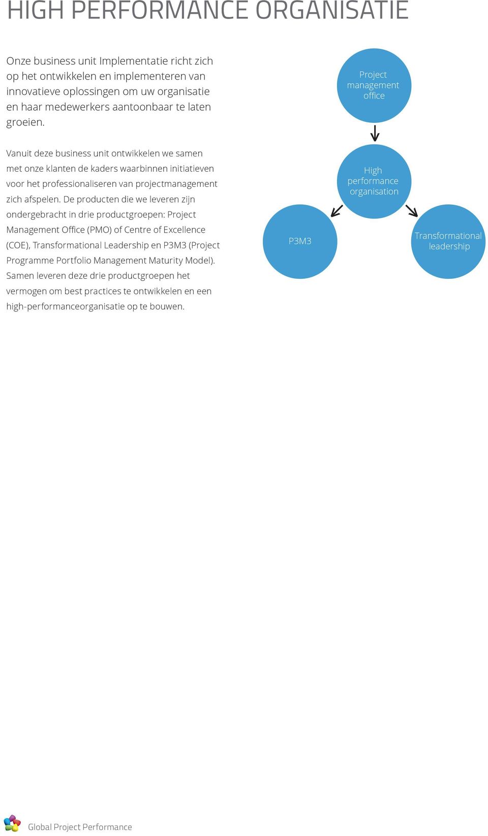 De producten die we leveren zijn ondergebracht in drie productgroepen: Project Management Office (PMO) of Centre of Excellence (COE), Transformational Leadership en P3M3 (Project Programme Portfolio