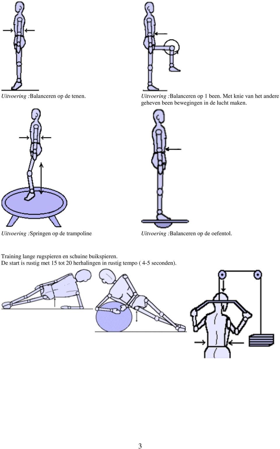 Uitvoering :Springen op de trampoline Uitvoering :Balanceren op de oefentol.
