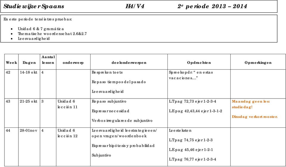 .. Leesvaardigheid 43 21-25 okt 3 Unidad 6 lección 11 Repaso subjuntivo Expresar necesidad Verbos irregulares de subjuntivo L.T pag 72,73 ejer 1-2-3-4 L.