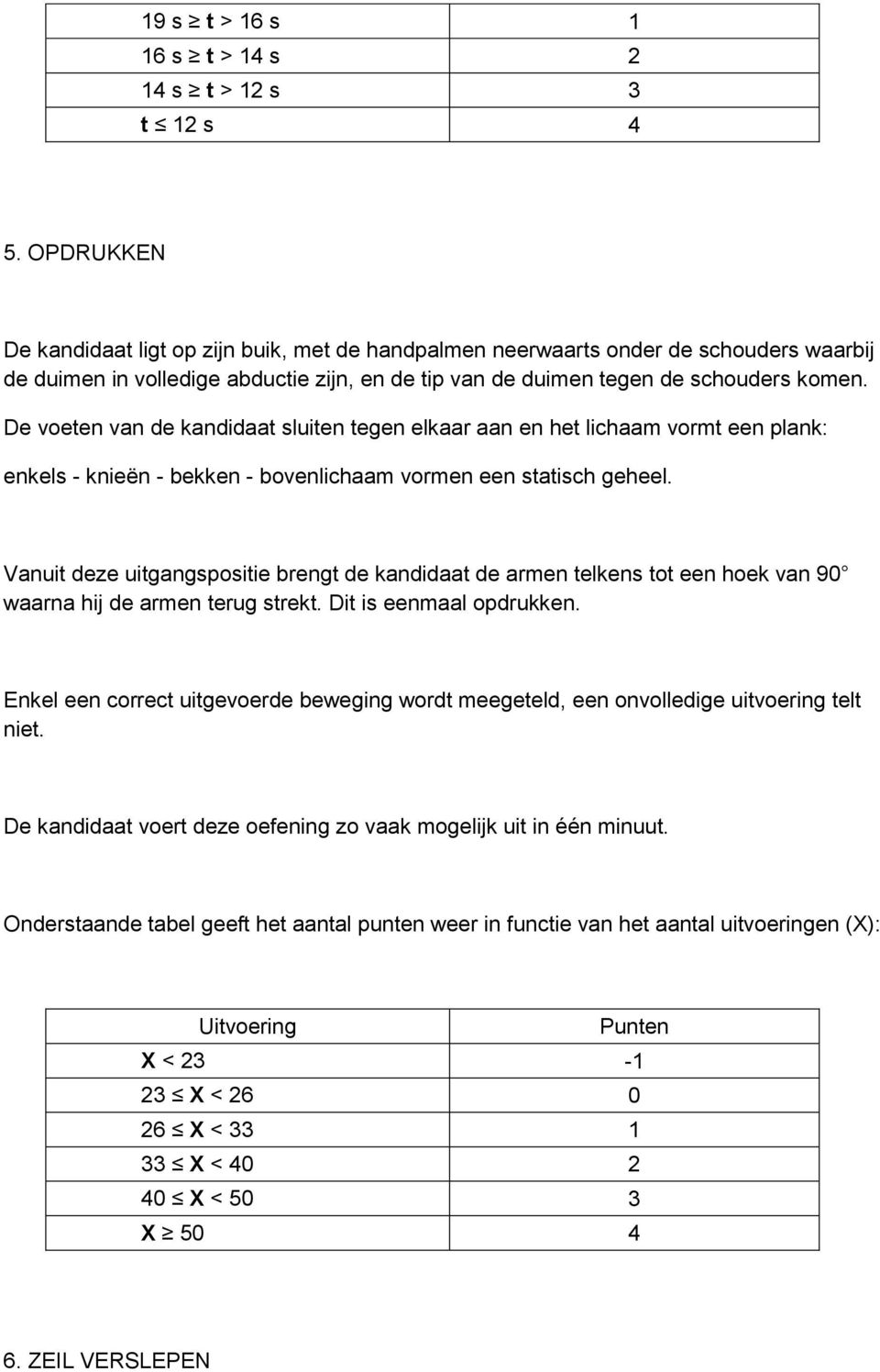 De voeten van de kandidaat sluiten tegen elkaar aan en het lichaam vormt een plank: enkels - knieën - bekken - bovenlichaam vormen een statisch geheel.