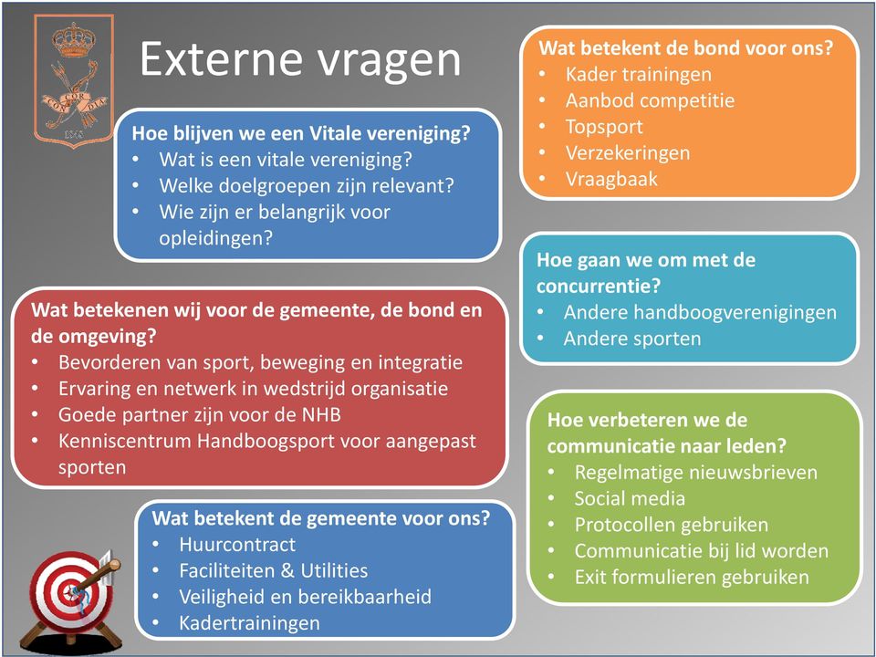 Bevorderen van sport, beweging en integratie Ervaring en netwerk in wedstrijd organisatie Goede partner zijn voor de NHB Kenniscentrum Handboogsport voor aangepast sporten Wat betekent de gemeente