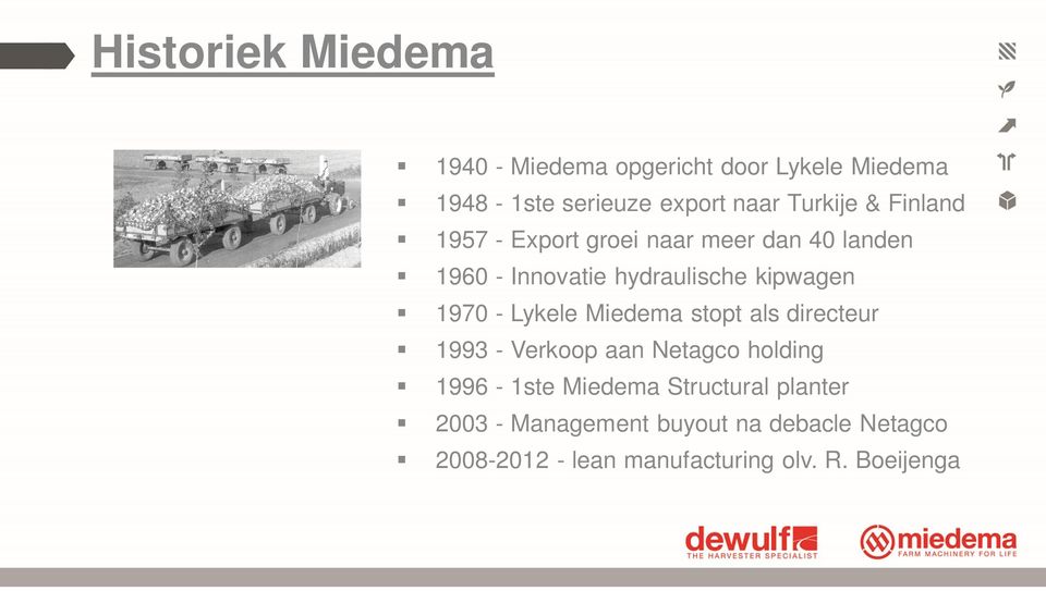 1970 - Lykele Miedema stopt als directeur 1993 - Verkoop aan Netagco holding 1996-1ste Miedema