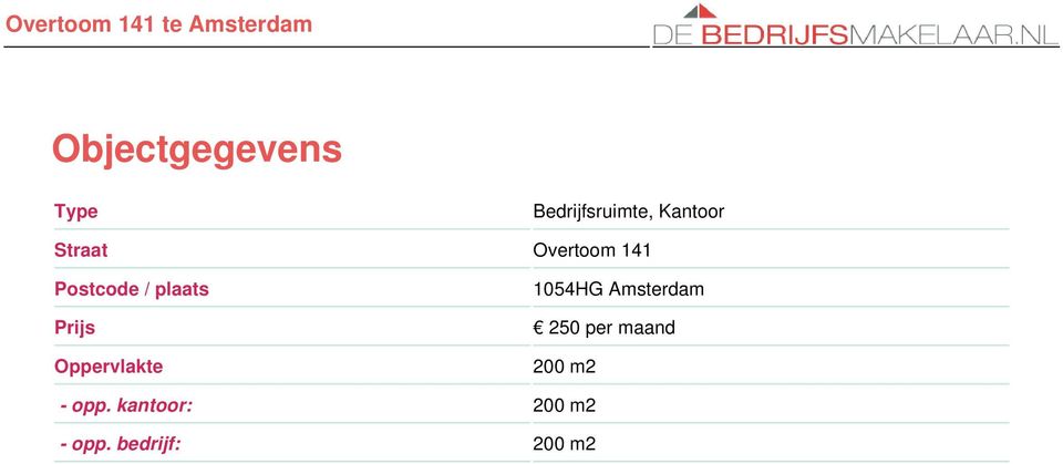 Oppervlakte 1054HG Amsterdam 250 per maand