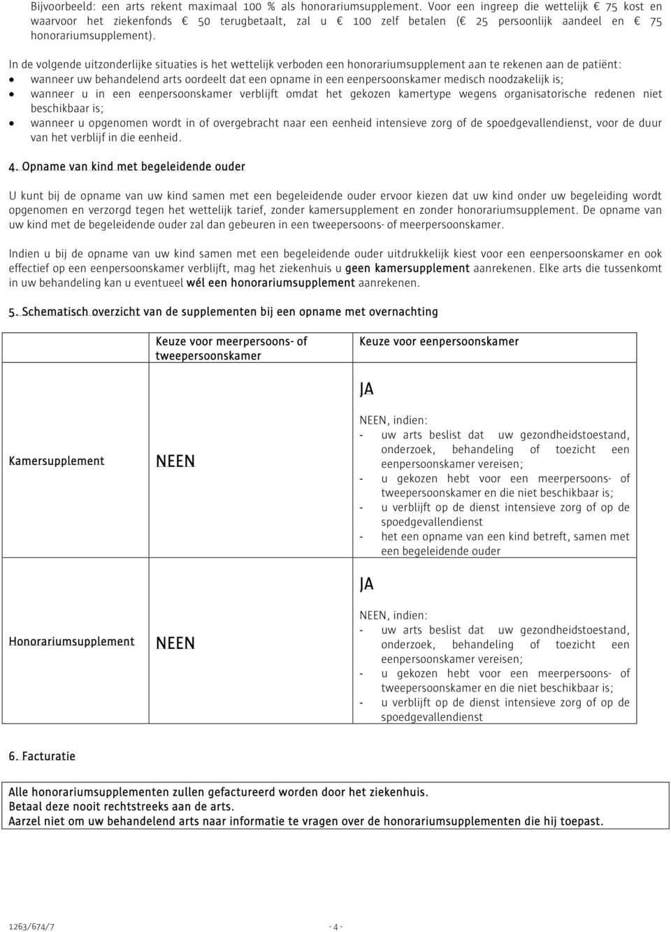 In de volgende uitzonderlijke situaties is het wettelijk verboden een honorariumsupplement aan te rekenen aan de patiënt: wanneer uw behandelend arts oordeelt dat een opname in een eenpersoonskamer