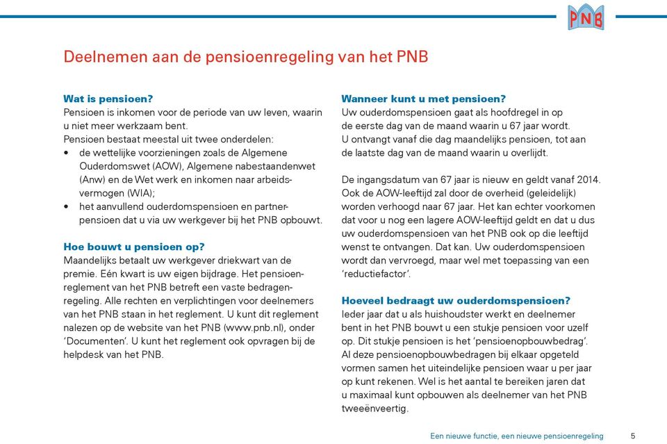 het aanvullend ouderdomspensioen en partnerpensioen dat u via uw werkgever bij het PNB opbouwt. Hoe bouwt u pensioen op? Maandelijks betaalt uw werkgever driekwart van de premie.