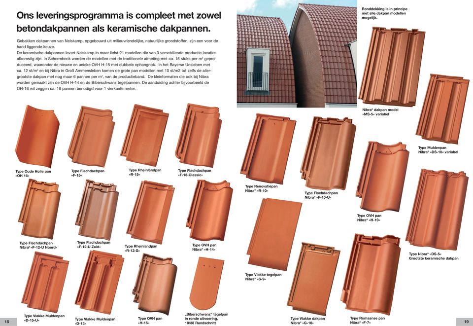 De keramische dakpannen levert Nelskamp in maar liefst 21 modellen die van 3 verschillende productie locaties afkomstig zijn. In Schermbeck worden de modellen met de traditionele afmeting met ca.
