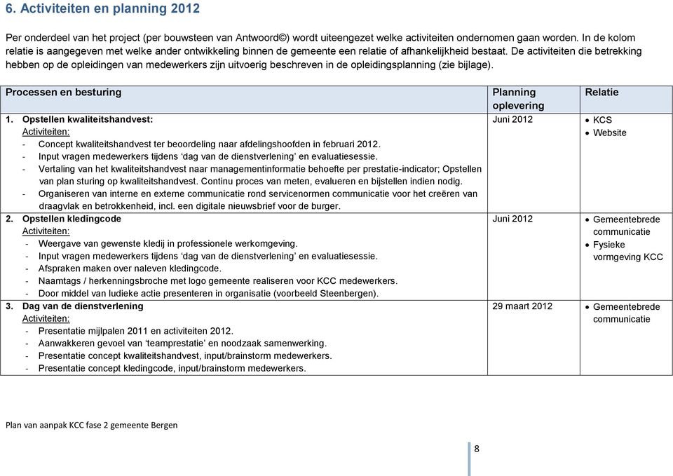 De activiteiten die betrekking hebben op de opleidingen van medewerkers zijn uitvoerig beschreven in de opleidingsplanning (zie bijlage). Processen en besturing 1.