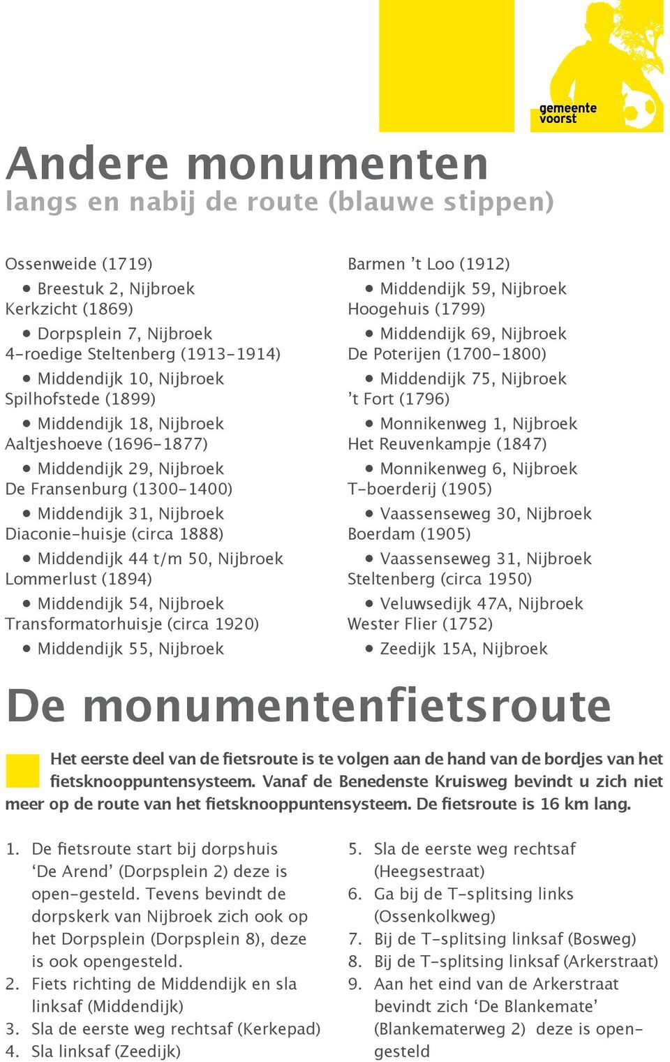 Nijbroek Lommerlust (1894) Middendijk 54, Nijbroek Transformatorhuisje (circa 1920) Middendijk 55, Nijbroek Barmen t Loo (1912) Middendijk 59, Nijbroek Hoogehuis (1799) Middendijk 69, Nijbroek De