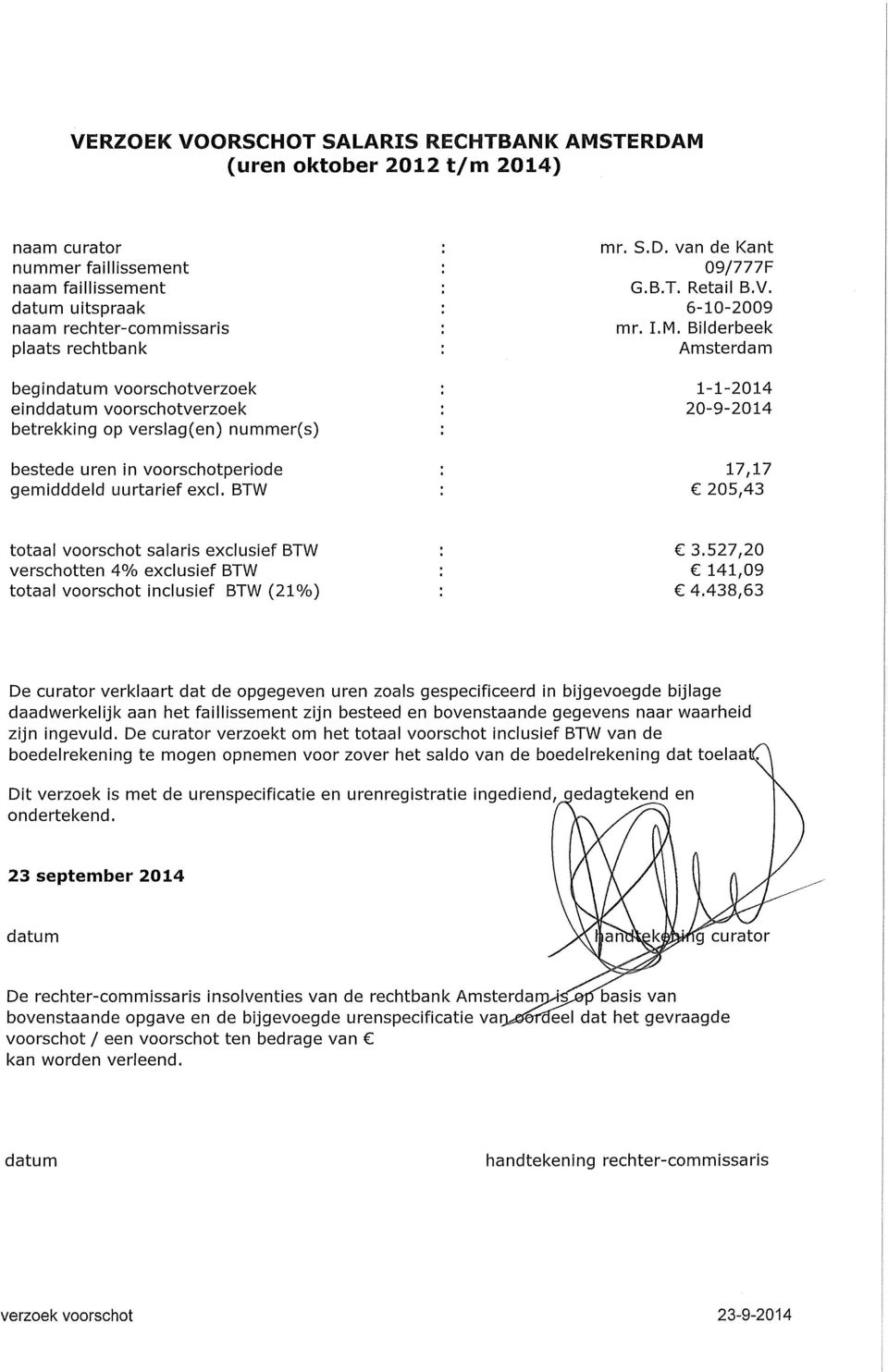 6-10-2009 mr. LM. Bilderbeek Amsterdam 1-1-2014 20-9-2014 17,17 205,43 totaal voorschot salaris exclusief BTW verschotten 4% exclusief BTW totaal voorschot inclusief BTW (21%) 3.527,20 141,09 4.