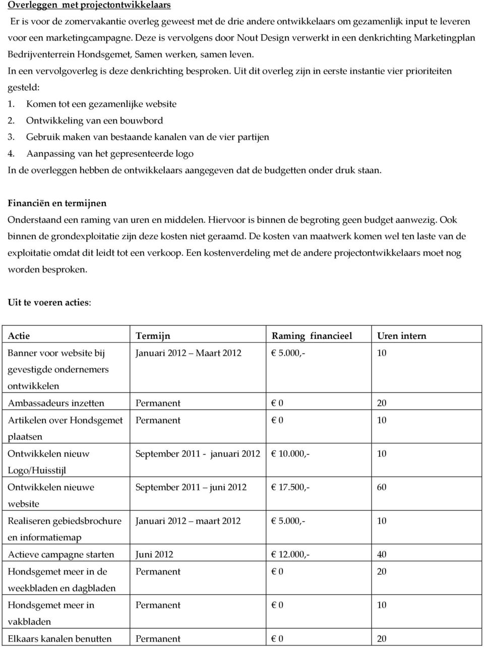 Uit dit overleg zijn in eerste instantie vier prioriteiten gesteld: 1. Komen tot een gezamenlijke website 2. Ontwikkeling van een bouwbord 3.