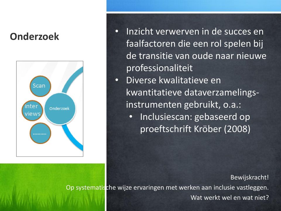 dataverzamelingsinstrumenten gebruikt, o.a.: Inclusiescan: gebaseerd op proeftschrift Kröber (2008) Bewijskracht!