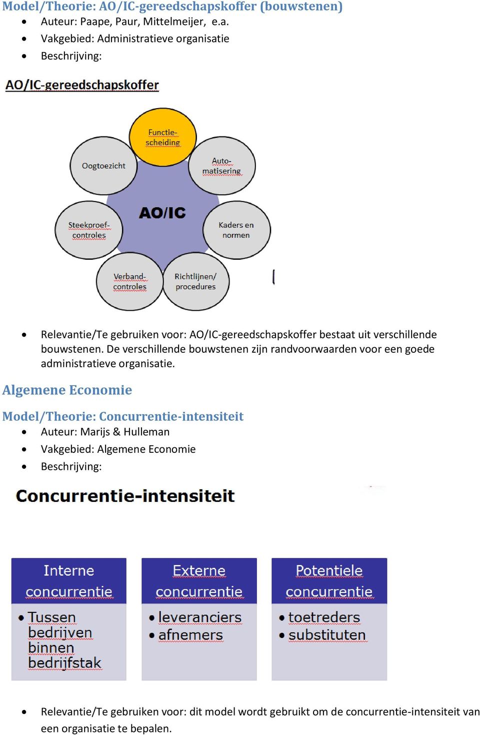 Algemene Economie Model/Theorie: Concurrentie-intensiteit Auteur: Marijs & Hulleman Vakgebied: Algemene Economie Relevantie/Te