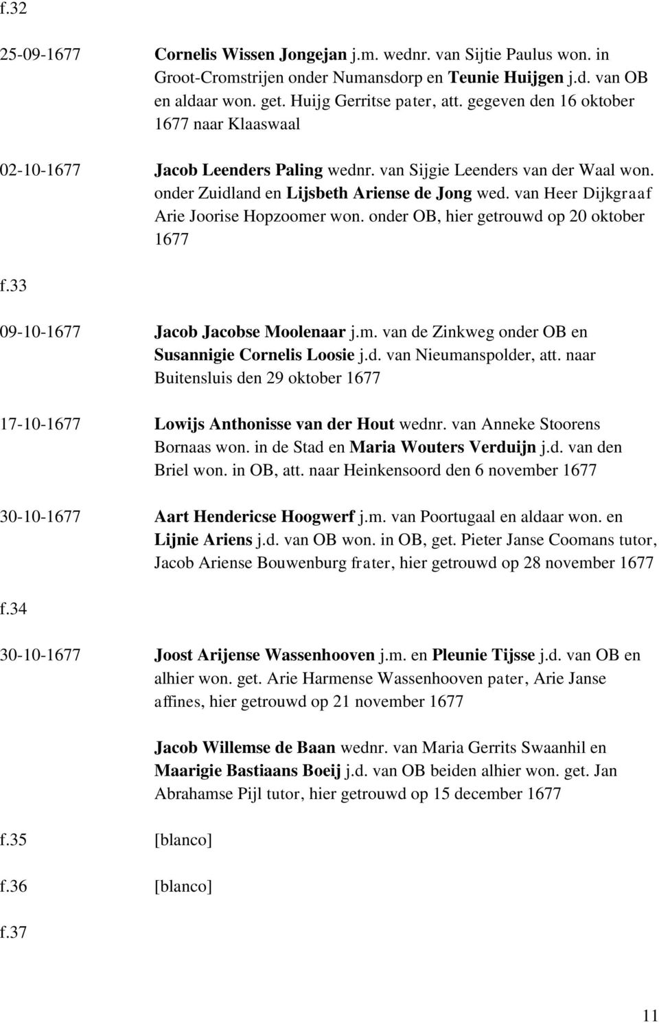van Heer Dijkgraaf Arie Joorise Hopzoomer won. onder OB, hier getrouwd op 20 oktober 1677 f.33 09-10-1677 Jacob Jacobse Moolenaar j.m. van de Zinkweg onder OB en Susannigie Cornelis Loosie j.d. van Nieumanspolder, att.