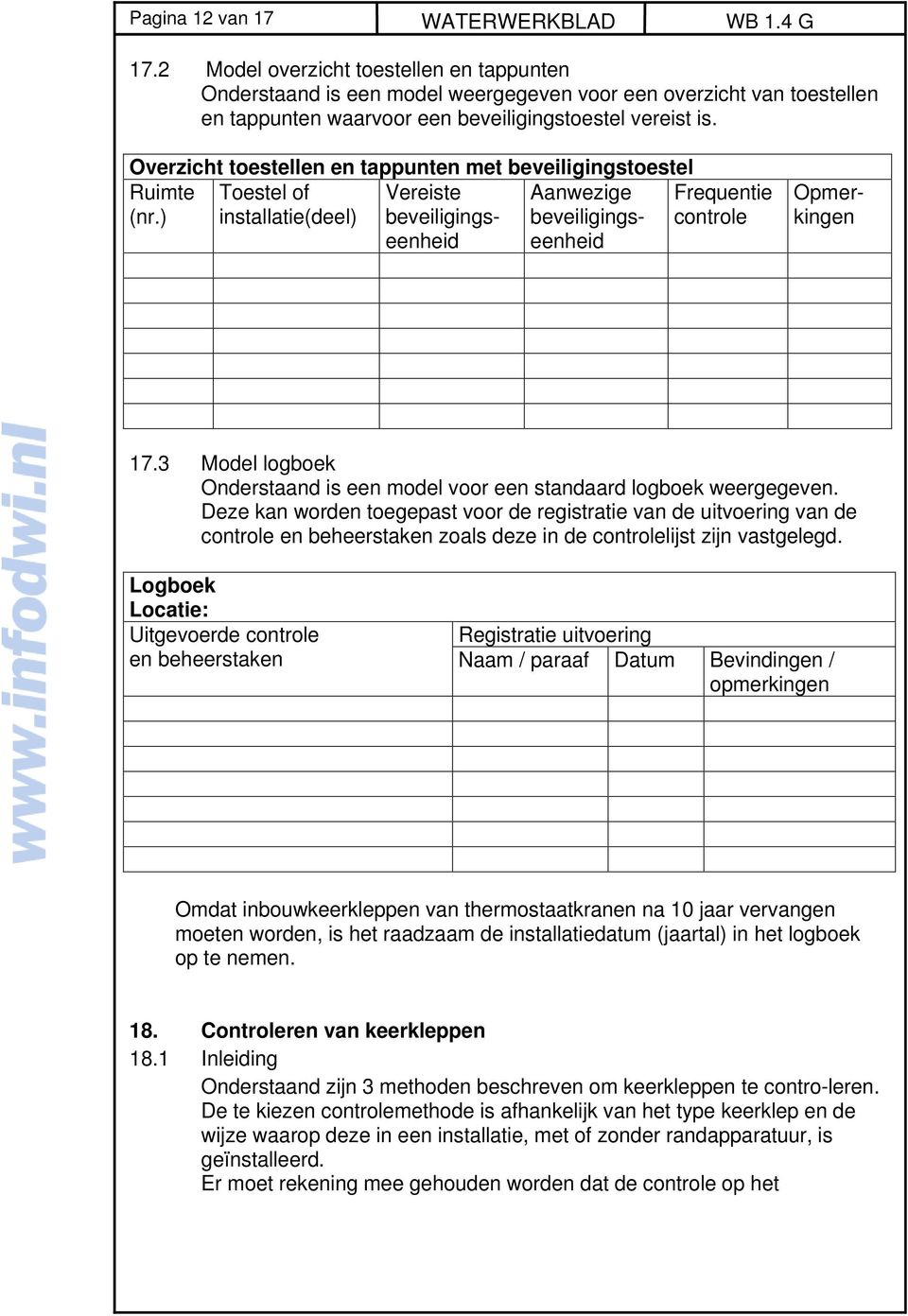 Overzicht toestellen en tappunten met beveiligingstoestel Ruimte Toestel of (nr.) installatie(deel) Vereiste beveiligingseenheid Frequentie controle Aanwezige beveiligingseenheid Opmerkingen 17.