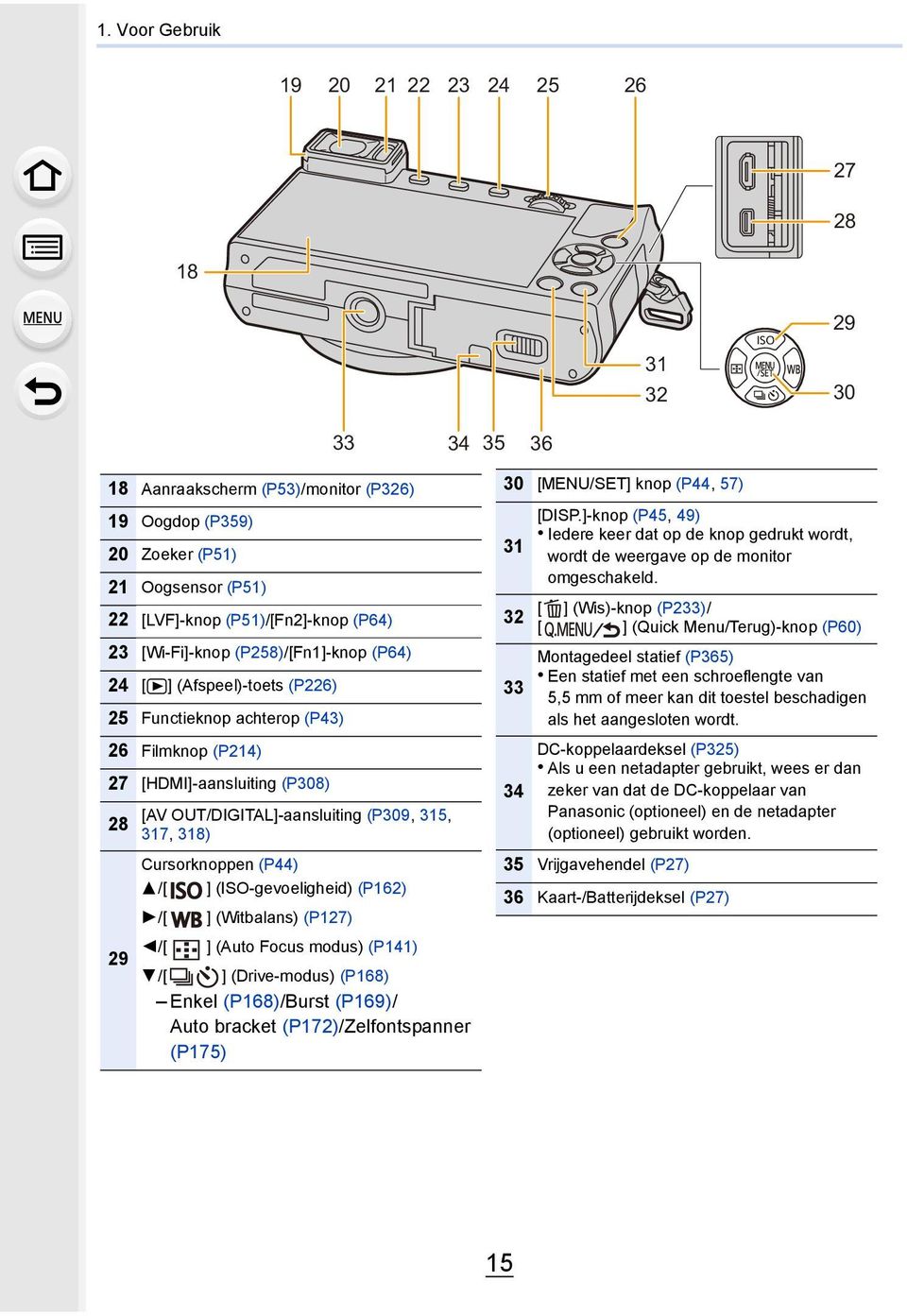 318) Cursorknoppen (P44) 3/[ ] (ISO-gevoeligheid) (P162) 1/[ ] (Witbalans) (P127) 2/[ ] (Auto Focus modus) (P141) 4/[ ] (Drive-modus) (P168) Enkel (P168)/Burst (P169)/ Auto bracket