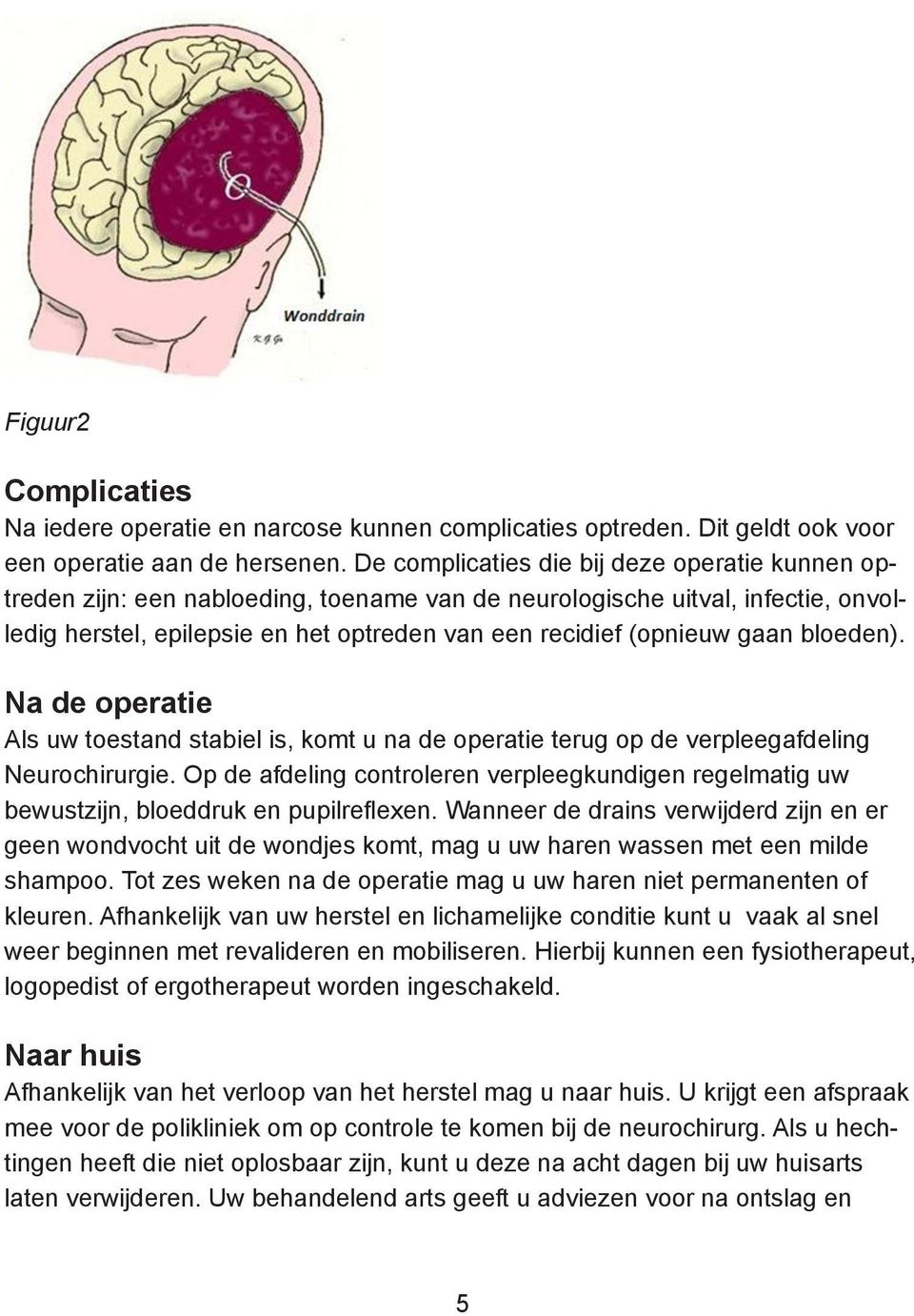 bloeden). Na de operatie Als uw toestand stabiel is, komt u na de operatie terug op de verpleegafdeling Neurochirurgie.