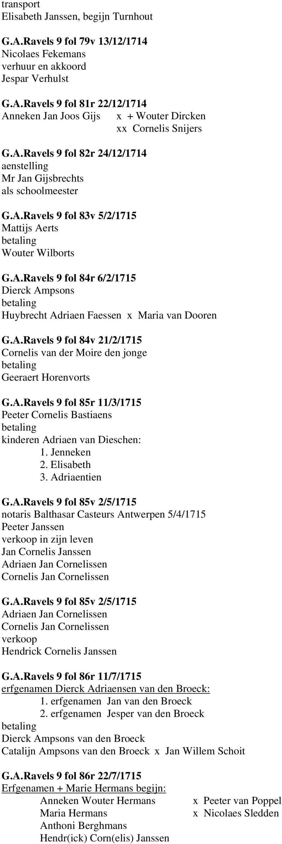 A.Ravels 9 fol 84v 21/2/1715 Cornelis van der Moire den jonge Geeraert Horenvorts G.A.Ravels 9 fol 85r 11/3/1715 Peeter Cornelis Bastiaens kinderen Adriaen van Dieschen: 1. Jenneken 2. Elisabeth 3.