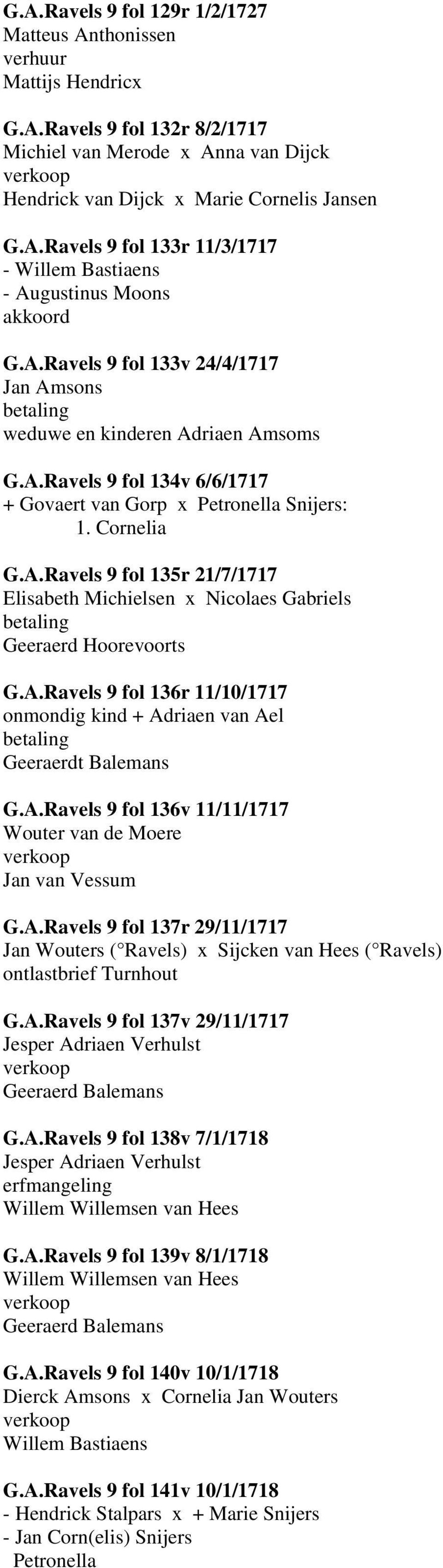 A.Ravels 9 fol 136r 11/10/1717 onmondig kind + Adriaen van Ael Geeraerdt Balemans G.A.Ravels 9 fol 136v 11/11/1717 Wouter van de Moere Jan van Vessum G.A.Ravels 9 fol 137r 29/11/1717 Jan Wouters ( Ravels) x Sijcken van Hees ( Ravels) ontlastbrief Turnhout G.