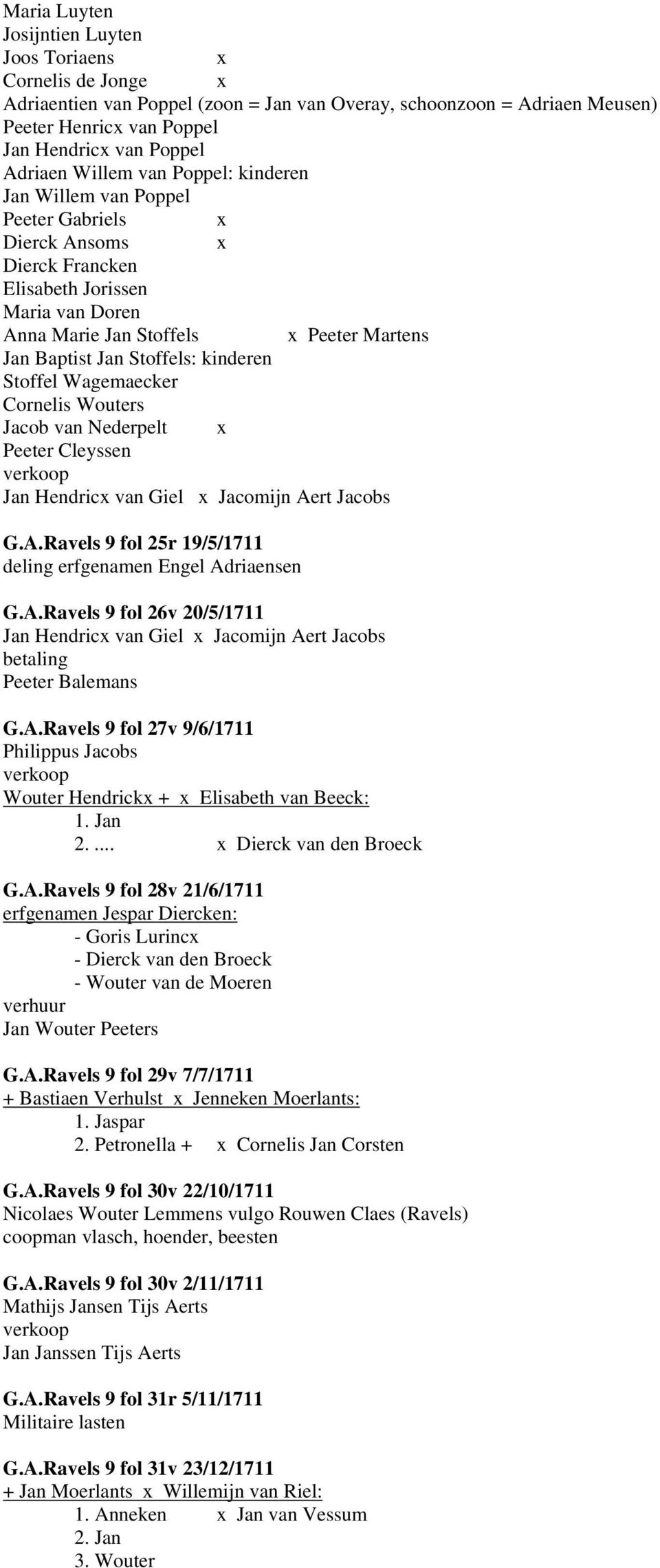 Stoffels: kinderen Stoffel Wagemaecker Cornelis Wouters Jacob van Nederpelt x Peeter Cleyssen Jan Hendricx van Giel x Jacomijn Aert Jacobs G.A.Ravels 9 fol 25r 19/5/1711 deling erfgenamen Engel Adriaensen G.